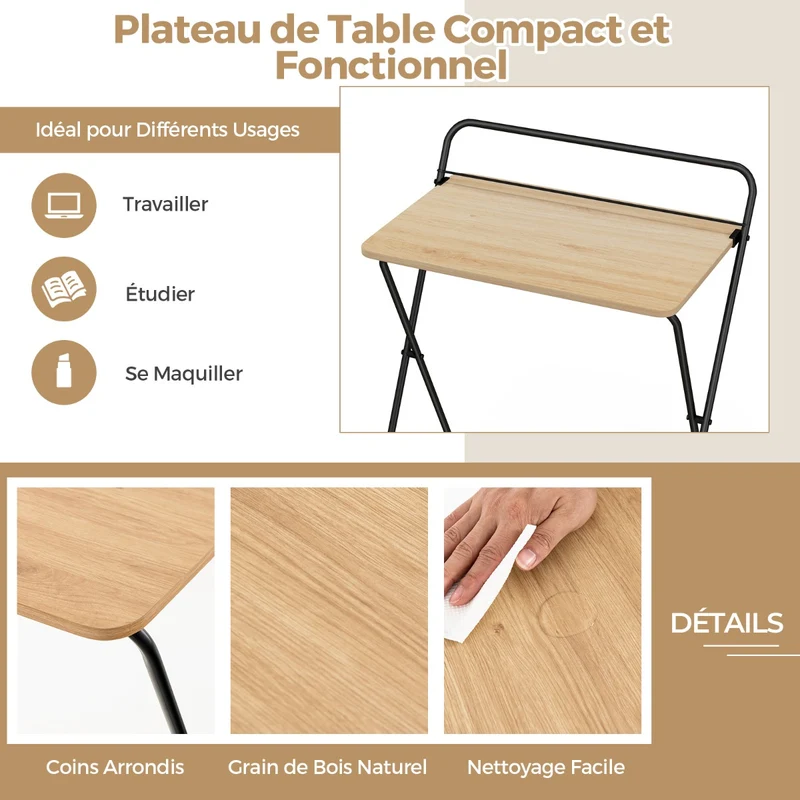 Costway - Petit Bureau de 60 сm, Bureau Pliable, Bureau Ordinateur, Bureau Informatique, Table de Bureau, Poste de Travail, Naturel