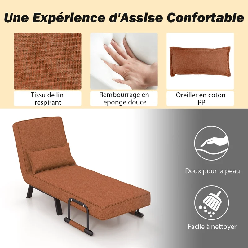 Costway - Fauteuil convertible 4 en 1, canapé-lit 1 place, dossier réglable en 6 positions, avec oreiller, café