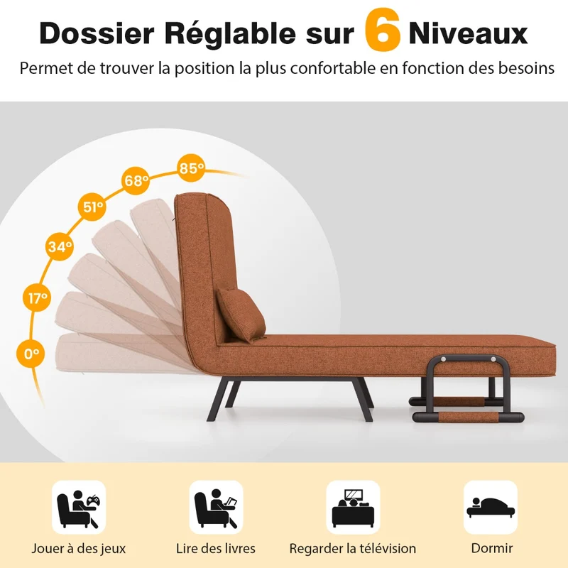 Costway - Fauteuil convertible 4 en 1, canapé-lit 1 place, dossier réglable en 6 positions, avec oreiller, café