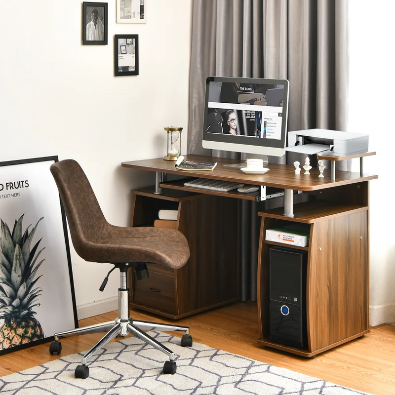 Costway - Bureau Ordinateur, Bureau Informatique, Bureau Moderne, Table de Bureau, Poste de Travail avec Tiroirs en Mdf, 120x55x85 cm, Noyer