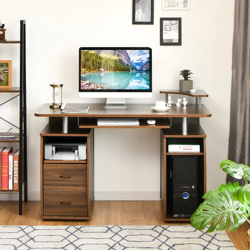 Costway - Bureau Ordinateur, Bureau Informatique, Bureau Moderne, Table de Bureau, Poste de Travail avec Tiroirs en Mdf, 120x55x85 cm, Noyer