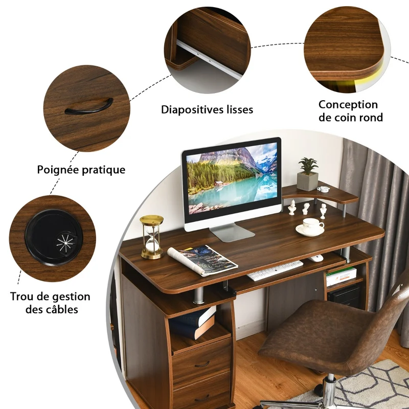 Costway - Bureau Ordinateur, Bureau Informatique, Bureau Moderne, Table de Bureau, Poste de Travail avec Tiroirs en Mdf, 120x55x85 cm, Noyer