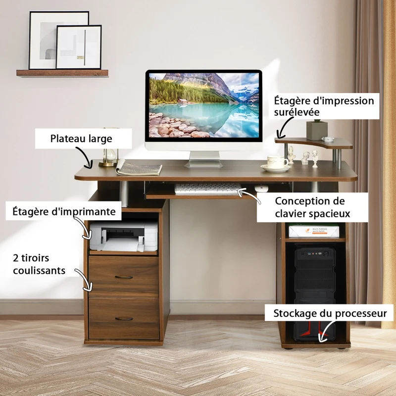 Costway - Bureau Ordinateur, Bureau Informatique, Bureau Moderne, Table de Bureau, Poste de Travail avec Tiroirs en Mdf, 120x55x85 cm, Noyer