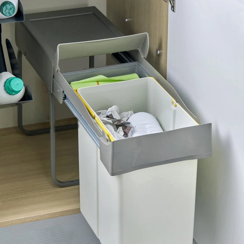 Poubelle 1 bac 20 L pour meuble de 300 mm, gris clair et beige