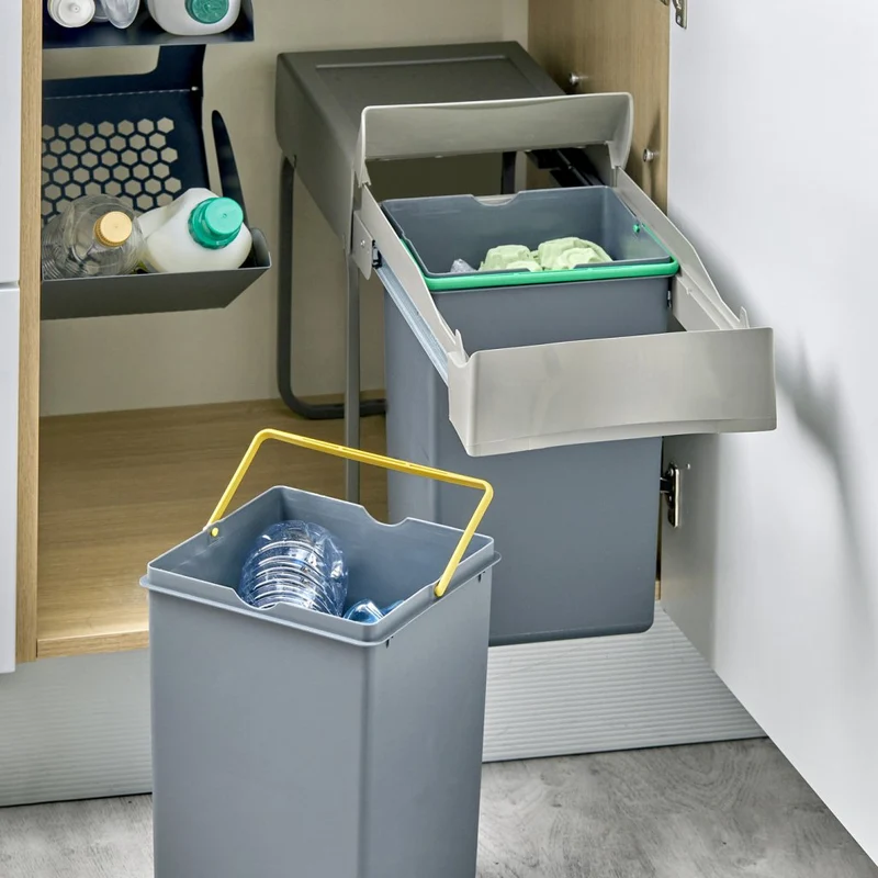 Poubelle 2 bacs 28 L pour meuble de 300 mm, anthracite et beige
