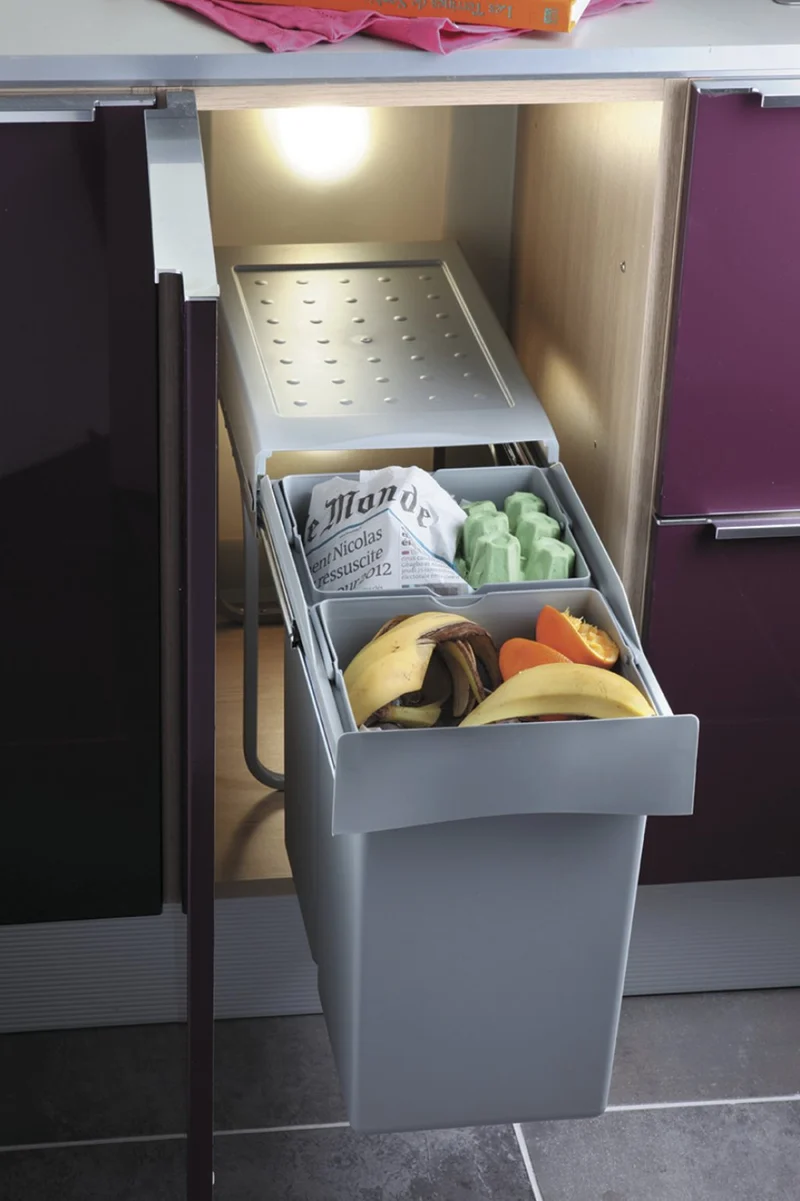 Poubelle 2 bacs 28 L pour meuble de 300 mm, gris