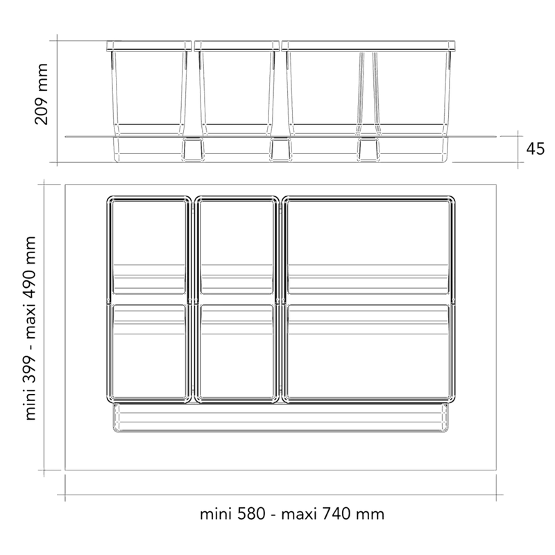 Collecteur de tri 3 seaux 38 L pour tiroir de 800 mm