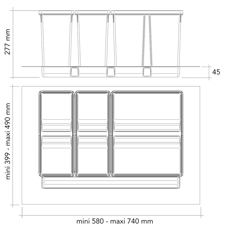 Collecteur de tri 3 seaux 48 L pour tiroir de 800 mm