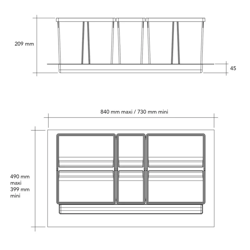 Collecteur de tri 3 seaux 49 L pour tiroir de 900 mm