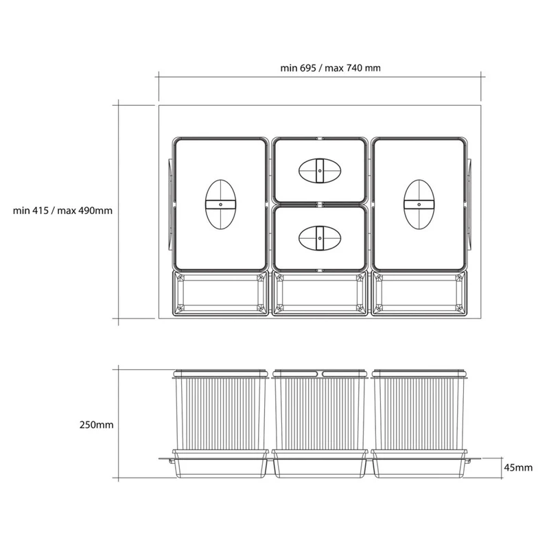Collecteur de tri 4 seaux 41 L pour tiroir de 800 mm (gris)