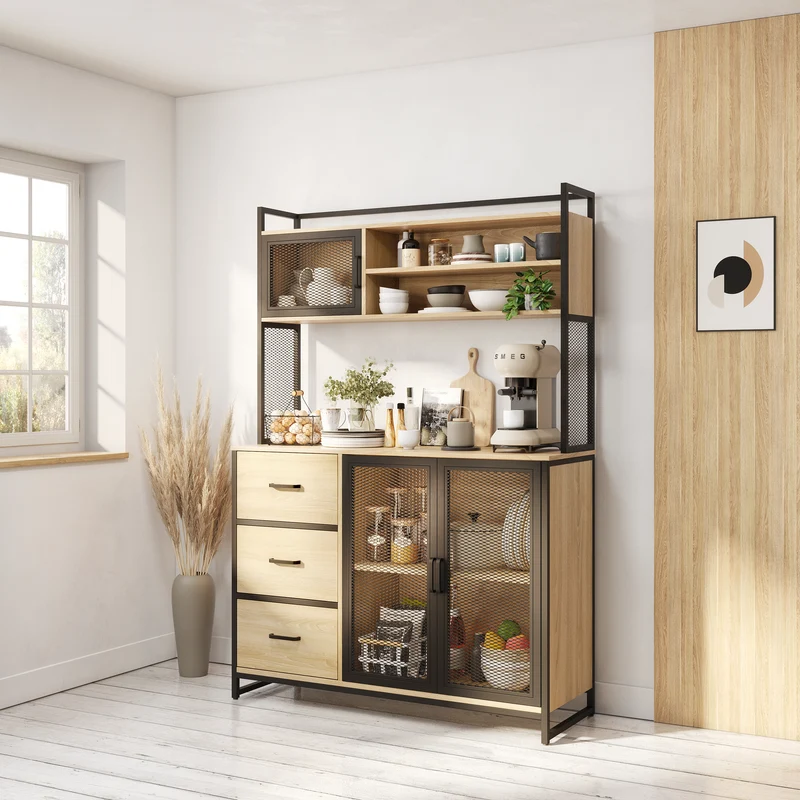 Buffet Cuisine Vaisselier avec Plan de Travail – Armoire Rangement 3 Portes 3 Tiroirs Bois & Métal Noir Mat 116x40x170 cm