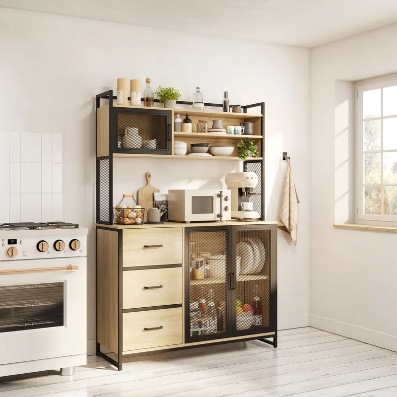Buffet Cuisine Vaisselier avec Plan de Travail – Armoire Rangement 3 Portes 3 Tiroirs Bois & Métal Noir Mat 116x40x170 cm