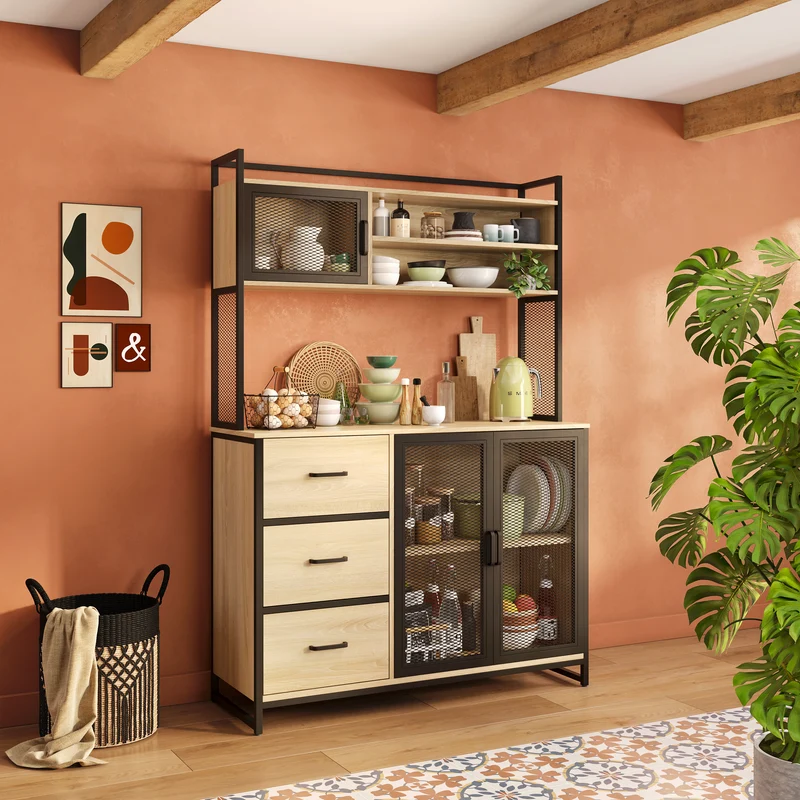 Buffet Cuisine Vaisselier avec Plan de Travail – Armoire Rangement 3 Portes 3 Tiroirs Bois & Métal Noir Mat 116x40x170 cm