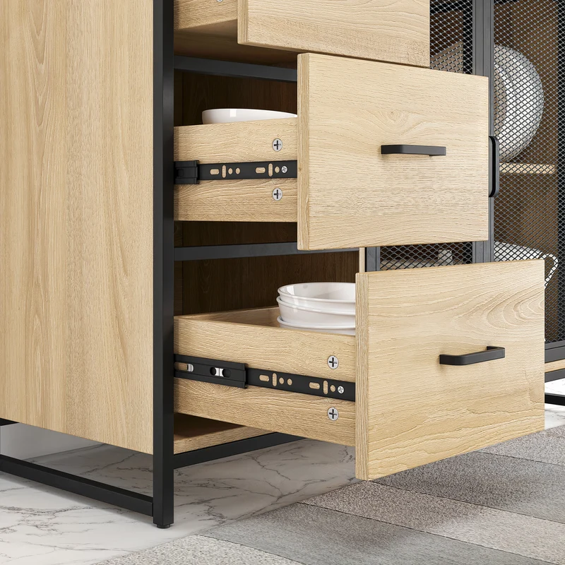 Buffet Cuisine Vaisselier avec Plan de Travail – Armoire Rangement 3 Portes 3 Tiroirs Bois & Métal Noir Mat 116x40x170 cm