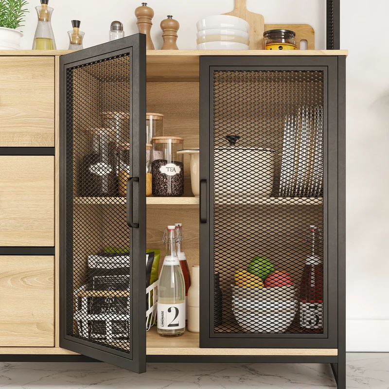 Buffet Cuisine Vaisselier avec Plan de Travail – Armoire Rangement 3 Portes 3 Tiroirs Bois & Métal Noir Mat 116x40x170 cm
