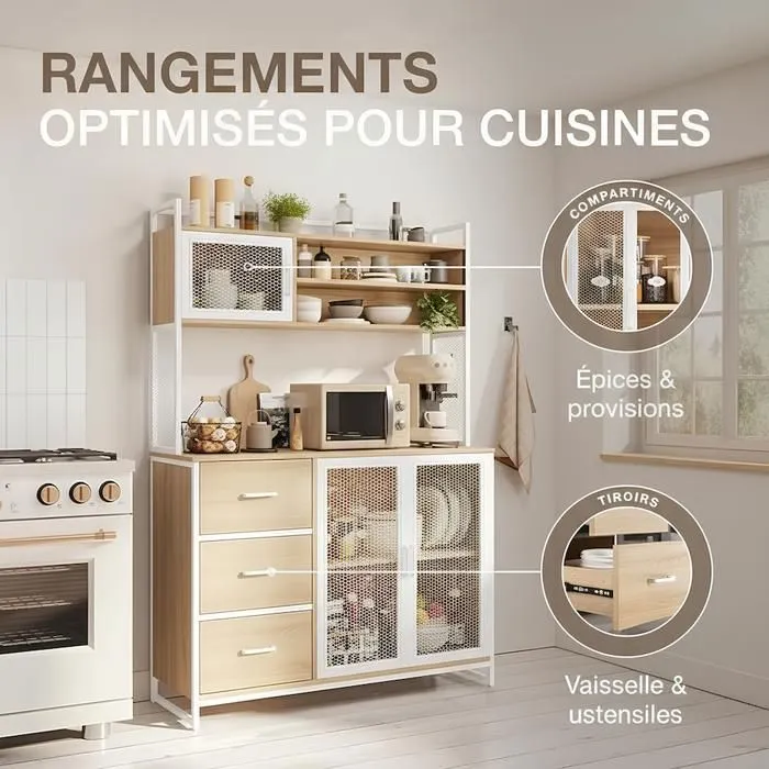 Buffet Cuisine Vaisselier avec Plan de Travail – Armoire Rangement 3 Portes 3 Tiroirs Bois & Métal Blanc 116x40x170 cm