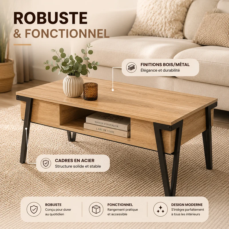 Table Basse Rectangulaire 110x55x45 cm – Acier Noir, Plateau Bois – Design Moderne pour Salon, Bureau ou Espace de Vie