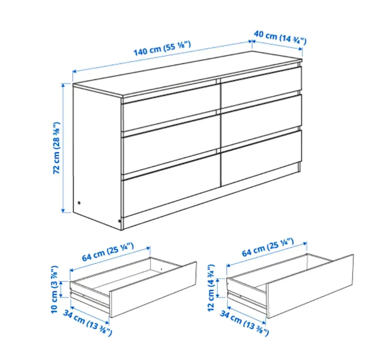 KULLEN Chest of 6 drawers, black-brown, 140x72 cm