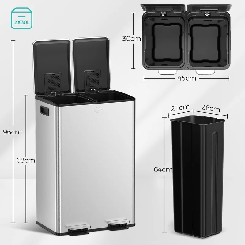Poubelle à Double Compartiment avec Couvercle, 2x30L