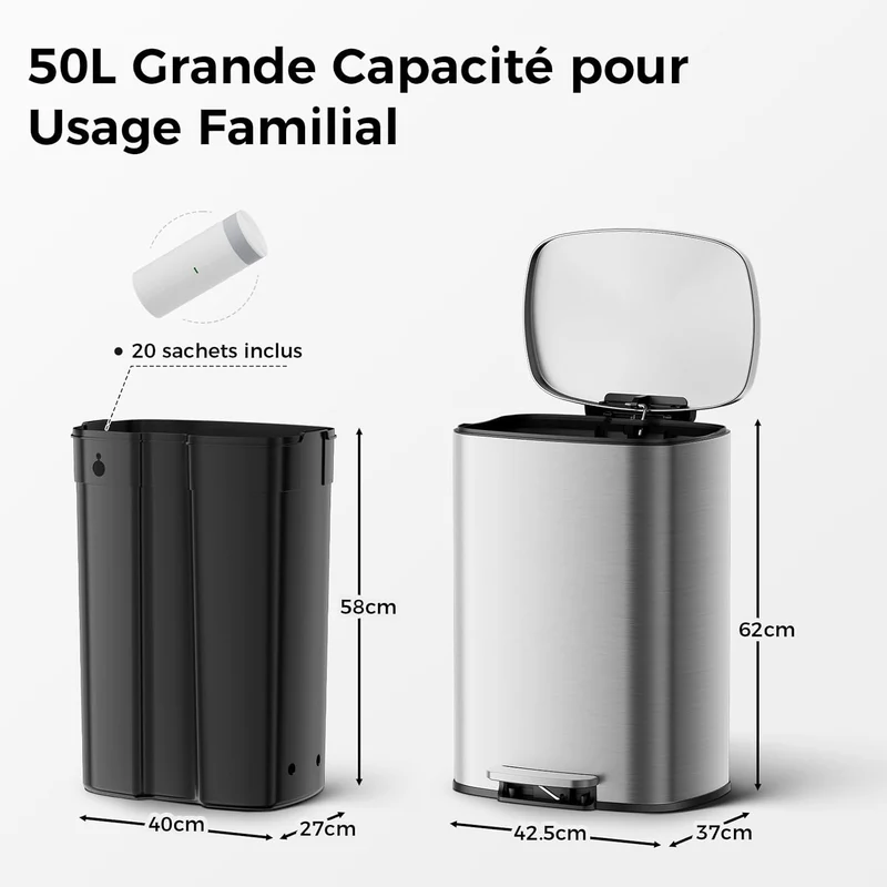 Poubelle Cuisine 50L, Grande Poubelle Rectangulaire avec 20 Sacs
