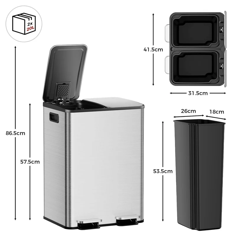 Poubelle à Double Compartiment avec Couvercle, 2x20L