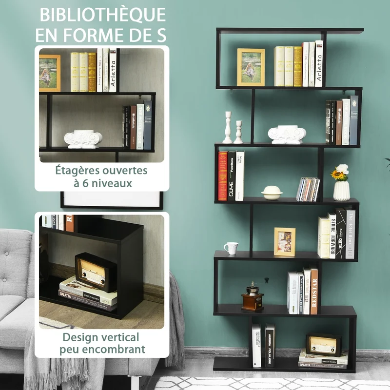 Costway - Étagère bibliothèque 6 niveaux, étagère de rangement en forme de S, 80 × 23 × 191 cm, noire