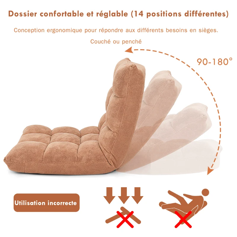 Costway - Chaise de Sol, Canapé Lit, Banquette Convertible, Canapé Lit Convertible, avec 14 Positions Réglables 54,5 x 54,5 x 56CM, Marron