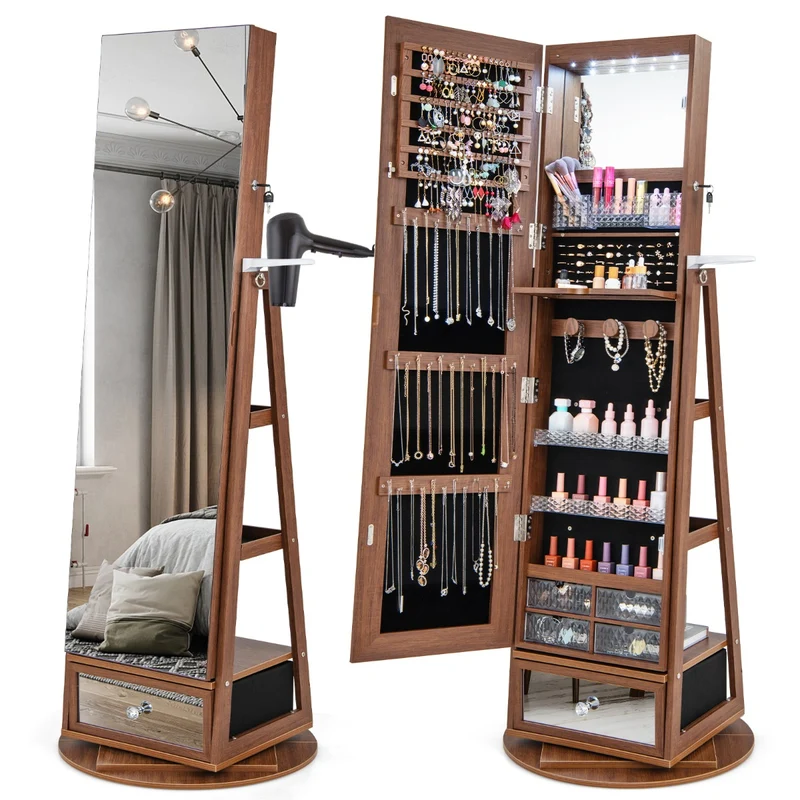 Costway - Armoire a Bijoux, Miroir Bijoux, Armoire Bijoux, Pivotante à 360°Miroir Pleine Longueur Lumières LED Etagère 3 Niveaux, Marron