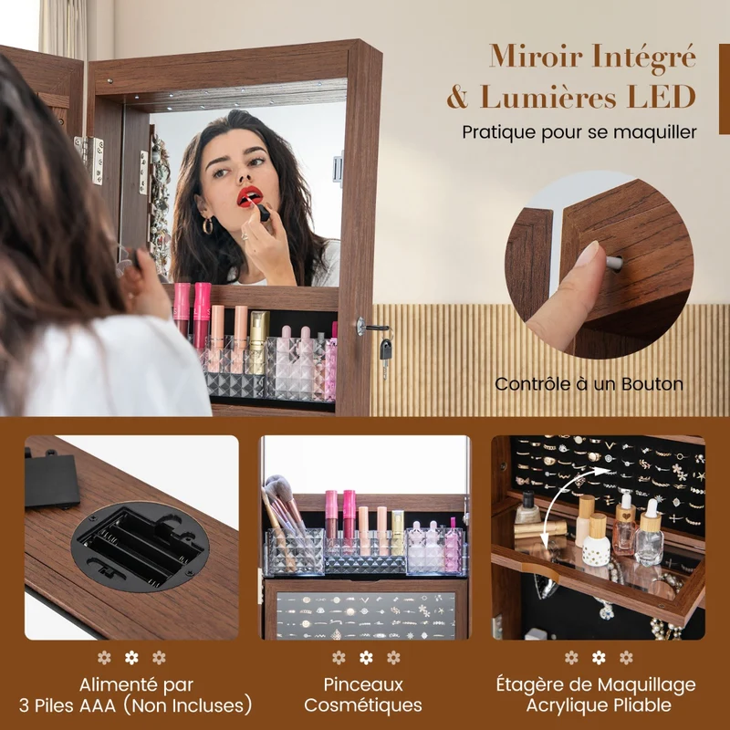 Costway - Armoire a Bijoux, Miroir Bijoux, Armoire Bijoux, Pivotante à 360°Miroir Pleine Longueur Lumières LED Etagère 3 Niveaux, Marron
