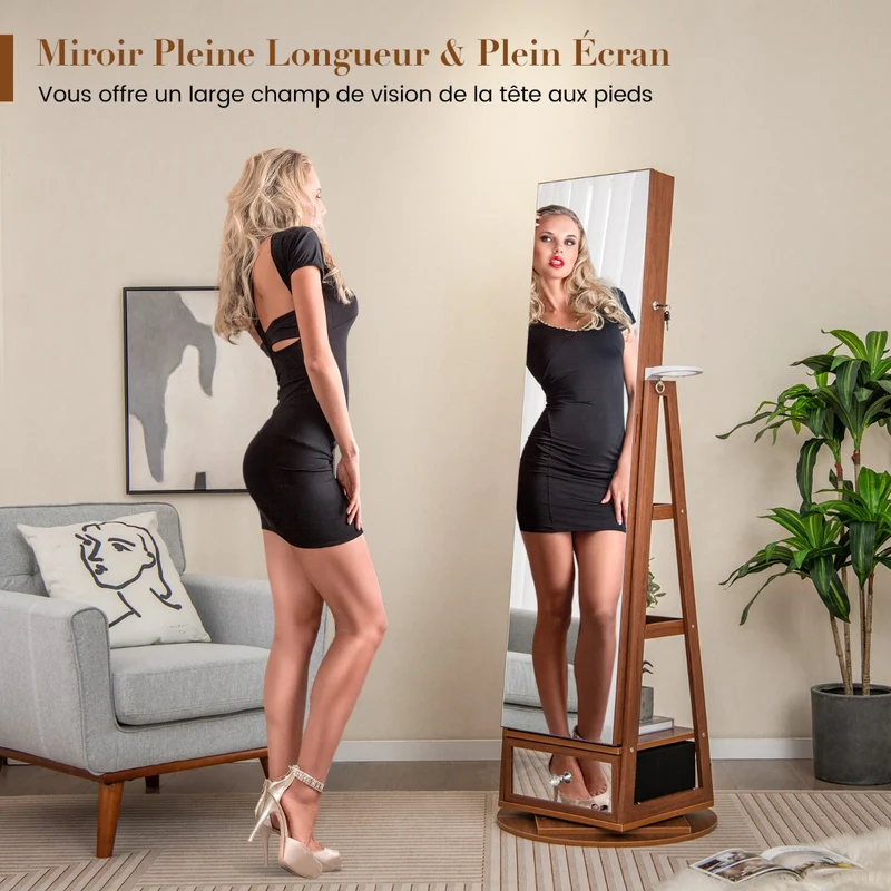 Costway - Armoire a Bijoux, Miroir Bijoux, Armoire Bijoux, Pivotante à 360°Miroir Pleine Longueur Lumières LED Etagère 3 Niveaux, Marron