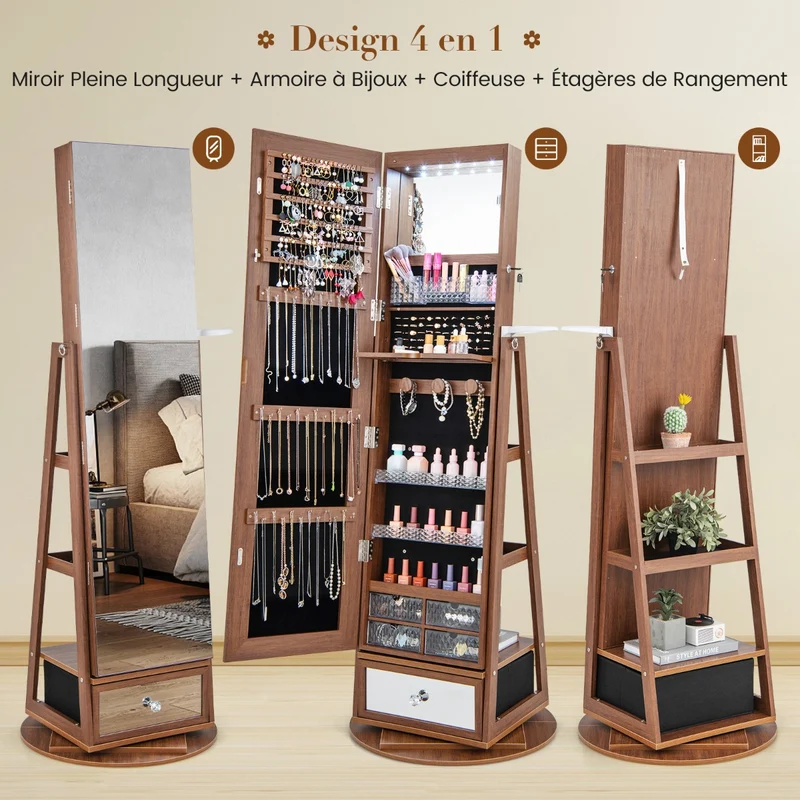 Costway - Armoire a Bijoux, Miroir Bijoux, Armoire Bijoux, Pivotante à 360°Miroir Pleine Longueur Lumières LED Etagère 3 Niveaux, Marron