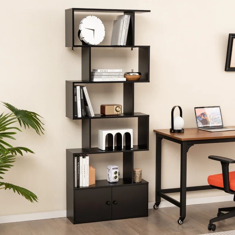 Costway - Étagère Bibliothèque, Etagere de Rangement, Etagere Colonne, Etagere Salon, Échelle en Bois à 6 niveaux avec 2 Portes, Noir