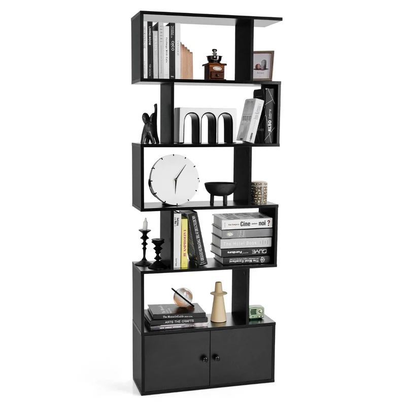 Costway - Étagère Bibliothèque, Etagere de Rangement, Etagere Colonne, Etagere Salon, Échelle en Bois à 6 niveaux avec 2 Portes, Noir