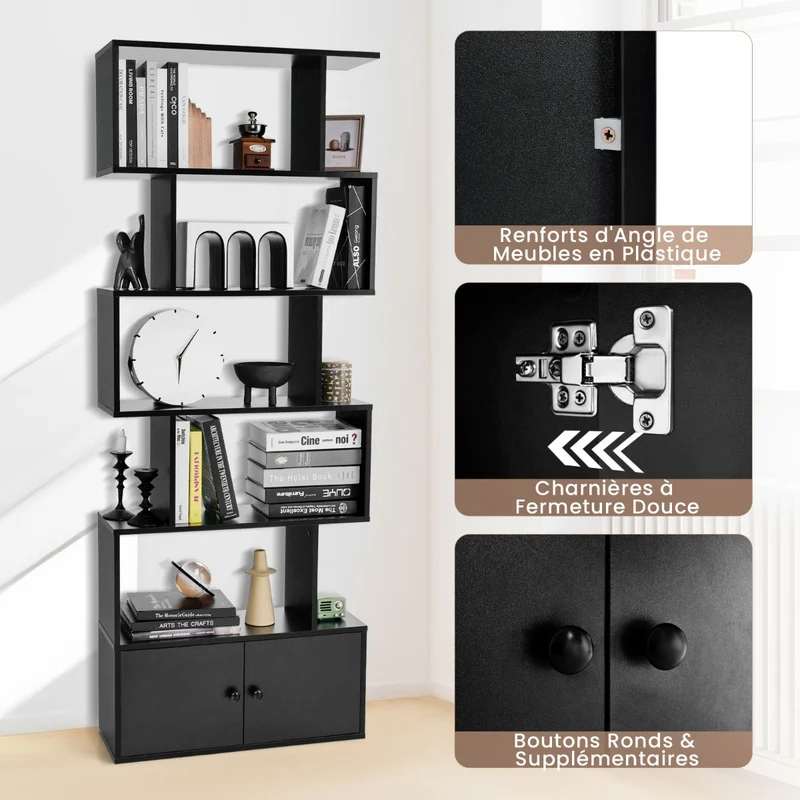 Costway - Étagère Bibliothèque, Etagere de Rangement, Etagere Colonne, Etagere Salon, Échelle en Bois à 6 niveaux avec 2 Portes, Noir