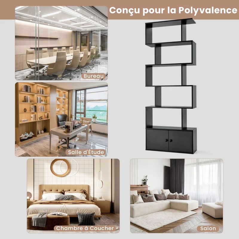Costway - Étagère Bibliothèque, Etagere de Rangement, Etagere Colonne, Etagere Salon, Échelle en Bois à 6 niveaux avec 2 Portes, Noir