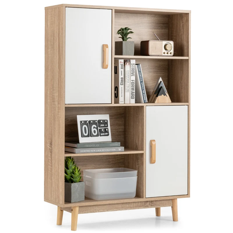 Costway - Étagère Bibliothèque, Meuble Etagere, Etagere de Rangement, 4 Niveaux, avec portes Étagères et Dispositif Anti-basculement, Blanc