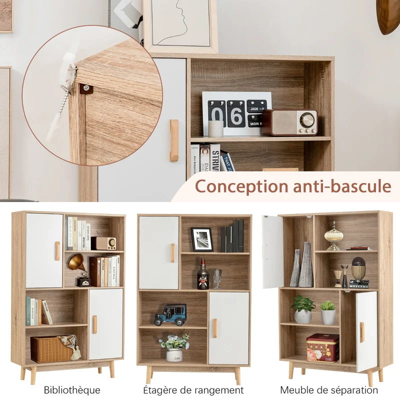 Costway - Étagère Bibliothèque, Meuble Etagere, Etagere de Rangement, 4 Niveaux, avec portes Étagères et Dispositif Anti-basculement, Blanc