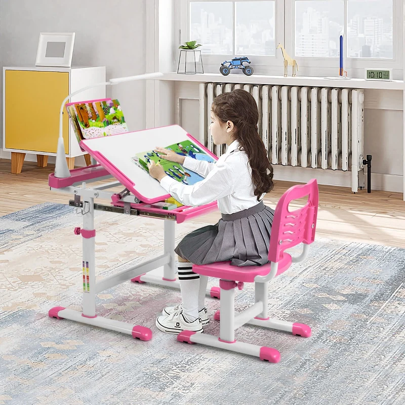Costway - Bureau Enfant, Chaise Enfant, Table et Chaise Enfant, Bureau Enfant primaire avec Éclairage LED Plateau Incliné, Réglable en Hauteur, Rose