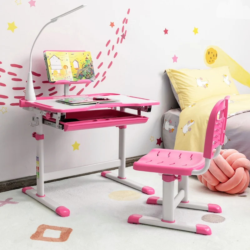 Costway - Bureau Enfant, Chaise Enfant, Table et Chaise Enfant, Bureau Enfant primaire avec Éclairage LED Plateau Incliné, Réglable en Hauteur, Rose