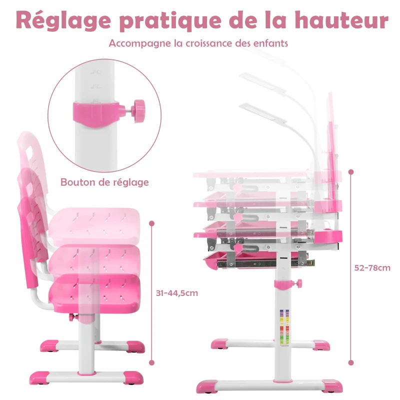 Costway - Bureau Enfant, Chaise Enfant, Table et Chaise Enfant, Bureau Enfant primaire avec Éclairage LED Plateau Incliné, Réglable en Hauteur, Rose