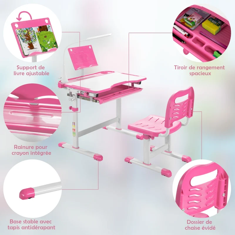 Costway - Bureau Enfant, Chaise Enfant, Table et Chaise Enfant, Bureau Enfant primaire avec Éclairage LED Plateau Incliné, Réglable en Hauteur, Rose