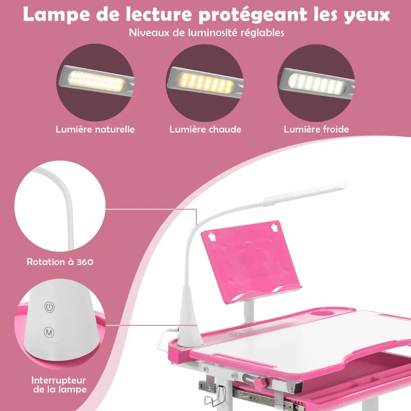 Costway - Bureau Enfant, Chaise Enfant, Table et Chaise Enfant, Bureau Enfant primaire avec Éclairage LED Plateau Incliné, Réglable en Hauteur, Rose