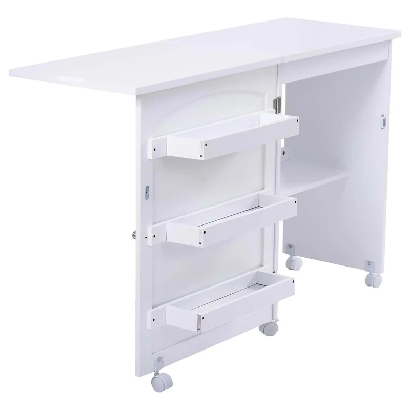 Costway - Table pour Machine à Coudre à Roulettes Pliable Table Roulante à 3 Étagères en MDF, 117x40x77cm, Blanc