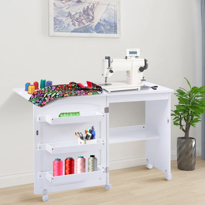 Costway - Table pour Machine à Coudre à Roulettes Pliable Table Roulante à 3 Étagères en MDF, 117x40x77cm, Blanc