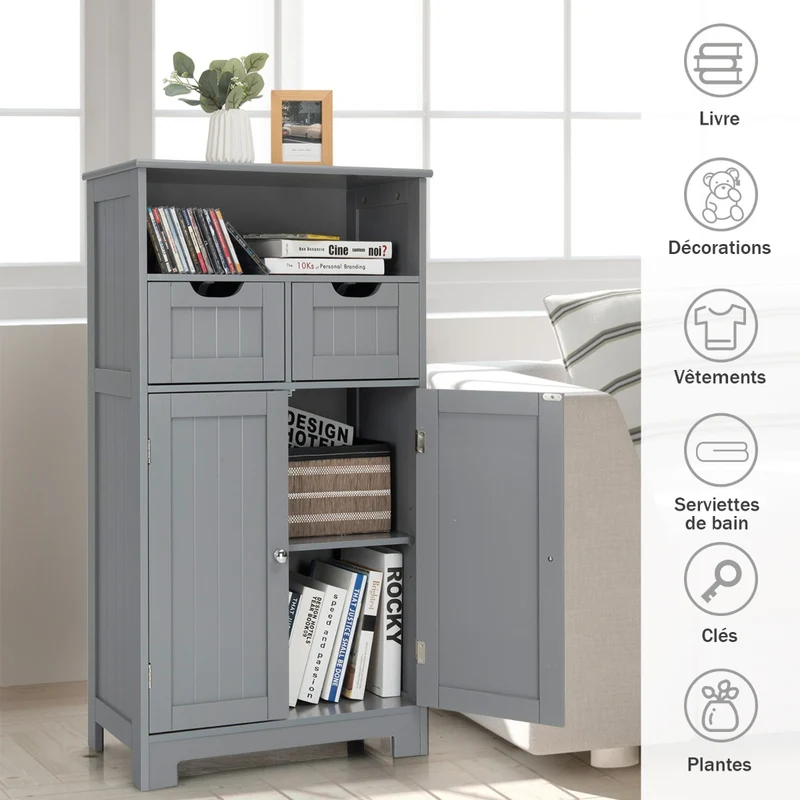 Costway - Armoire salle de bain, Armoire WC, Meuble Rangement salle de bain, Meuble de Salle de Bain, Armoire de toilette, 2 Tiroirs, 2 Portes, Gris
