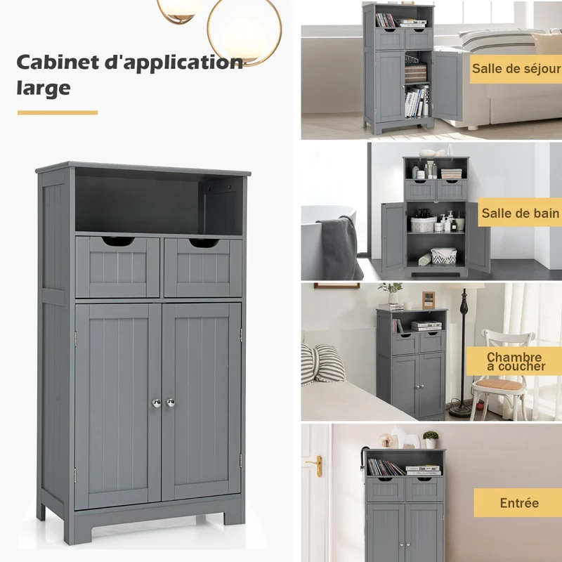 Costway - Armoire salle de bain, Armoire WC, Meuble Rangement salle de bain, Meuble de Salle de Bain, Armoire de toilette, 2 Tiroirs, 2 Portes, Gris