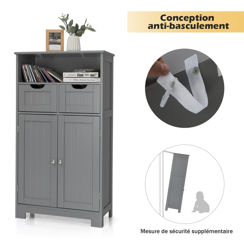 Costway - Armoire salle de bain, Armoire WC, Meuble Rangement salle de bain, Meuble de Salle de Bain, Armoire de toilette, 2 Tiroirs, 2 Portes, Gris