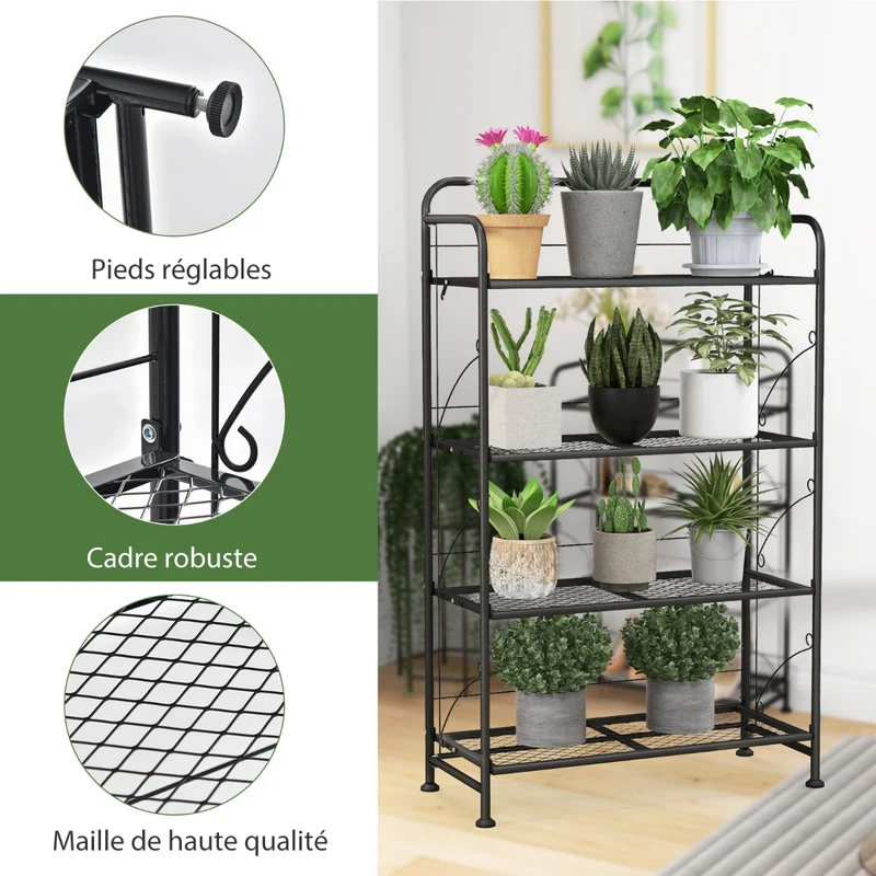 Costway - Etagere Plante, Support Plante, Meuble Plante, Support pot de Fleur, Pliable, 4 Niveaux en Métal avec Pieds Réglables, Noir