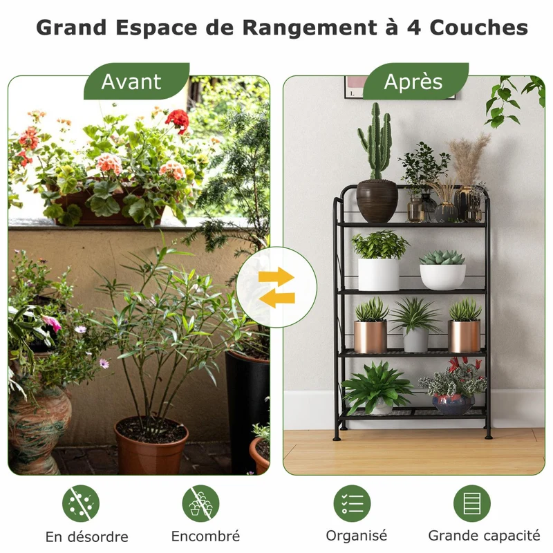 Costway - Etagere Plante, Support Plante, Meuble Plante, Support pot de Fleur, Pliable, 4 Niveaux en Métal avec Pieds Réglables, Noir