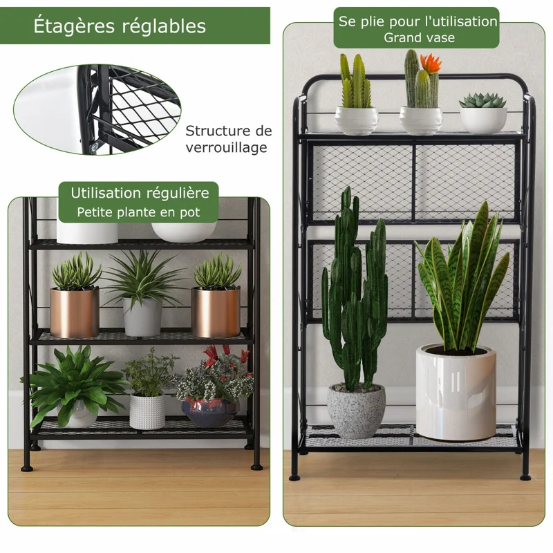 Costway - Etagere Plante, Support Plante, Meuble Plante, Support pot de Fleur, Pliable, 4 Niveaux en Métal avec Pieds Réglables, Noir